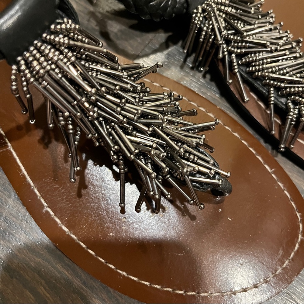Minnetonka T-Strap Flats Thong Fringed Black Sandals Size 9 - Picture 3 of 6